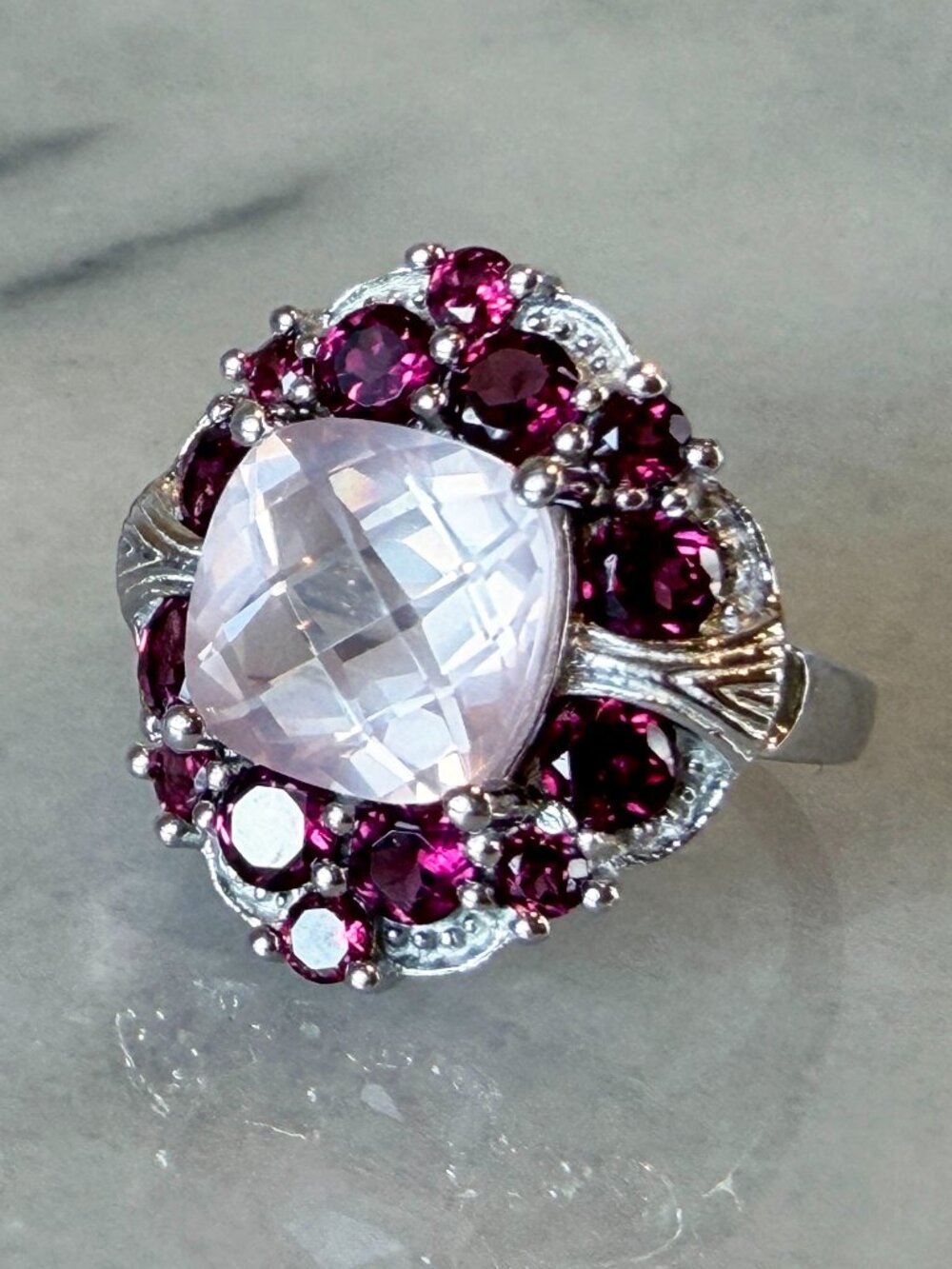 Art Deco 925 Sterling Silver Rose Quartz & Raspberry Rhodolite Garnet Ring